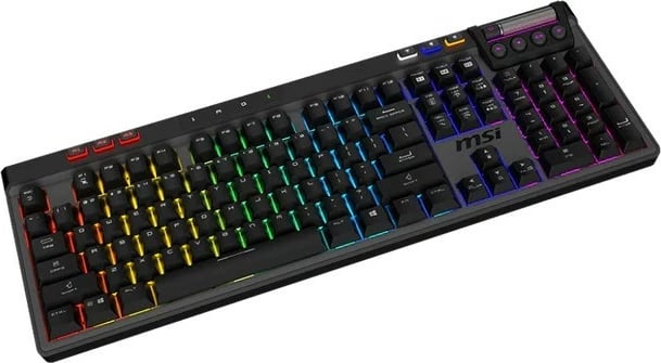 Tastierë MSI STRIKE PRO W SILENT US mekanike, tri-mode 2.4 GHz/Bluetooth/USB, RGB me tast për tast, hot-swap 5-pin, keycaps PBT, rrotë e mençur, bateri 4200 mAh, me mbështetëse kyçi, e zezë
