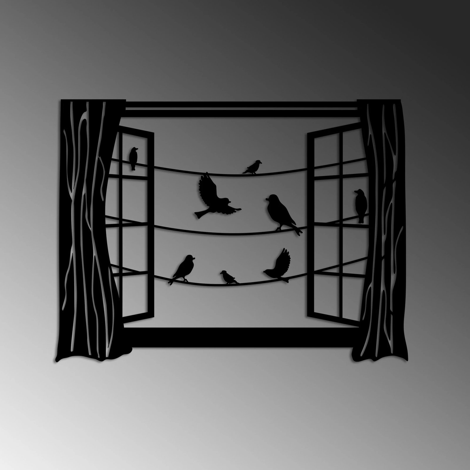 Aksesor metalik dekorativ për mur, zogj para dritares, Wallity, ngjyrë e zezë, 50x38cm