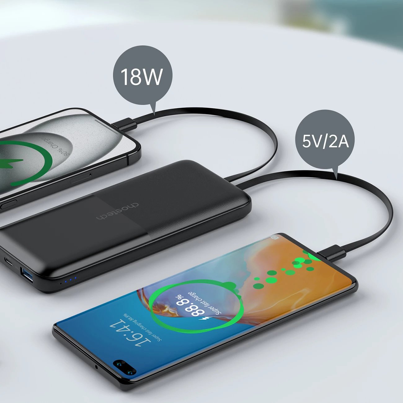 Powerbank Choetech B654, 10000mAh, 22.5W, USB-A/USB-C/micro USB, kabllo të integruara USB-C/Lightning, e zezë