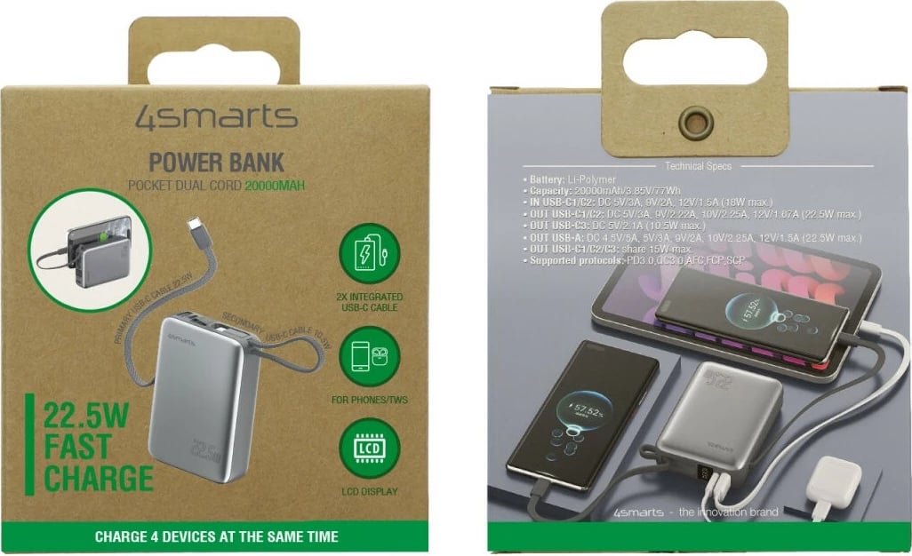 Powerbank 4smarts Powerbank Pocket Dual Cord 20000mAh 22.5W spacegrau