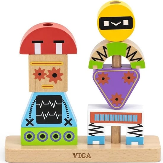 Blloqe druri stivuese, Viga Robots, puzzle edukativ me kartela modele, mbi 36m, shumëngjyrësh