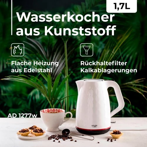 Zierës uji elektrik, Adler, AD 1277, 1.7 L, 1850-2200W, plastikë, i bardhë