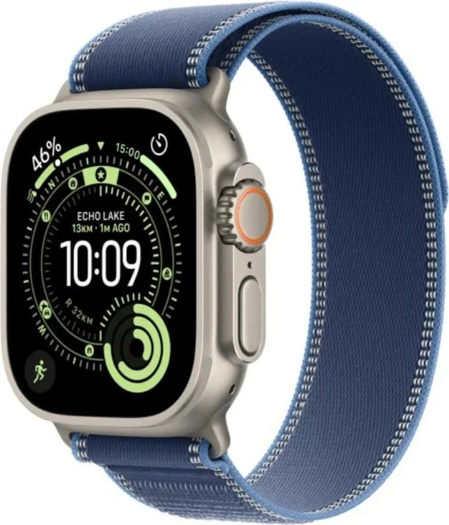 Smartwatch Apple Watch Ultra 3 GPS + Cellular 49 mm, kasë titan, ekran Retina OLED, 64 GB, deri 42 orë bateri, brez Trail M/L, blu/natyrore
