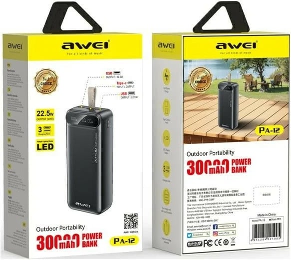 Power bank AWEI PA-12, 30000mAh, 22.5W, Ekran LED, Zi
