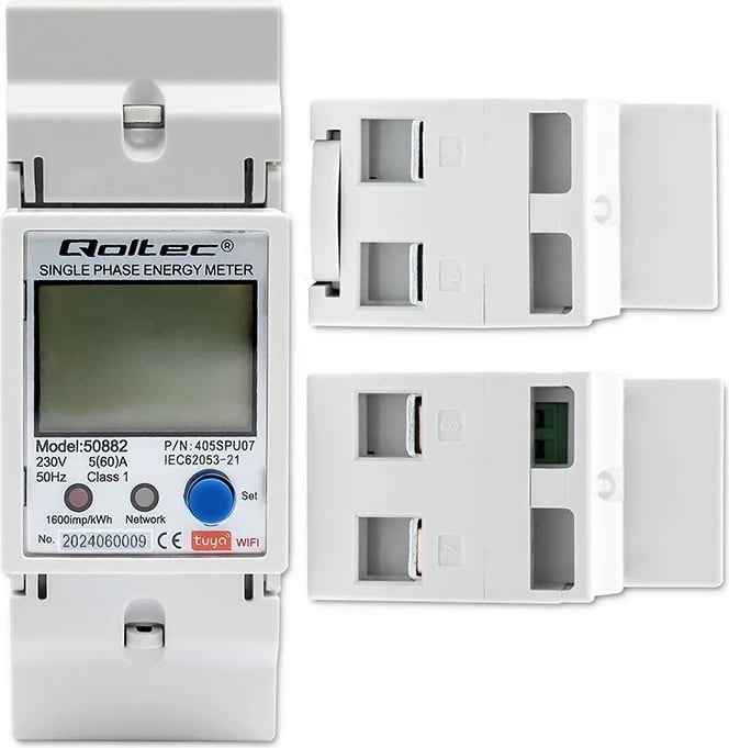 Matës energjie njëfazësh për DIN rail, Qoltec 50882, LCD, Wi-Fi, TUYA, 230V