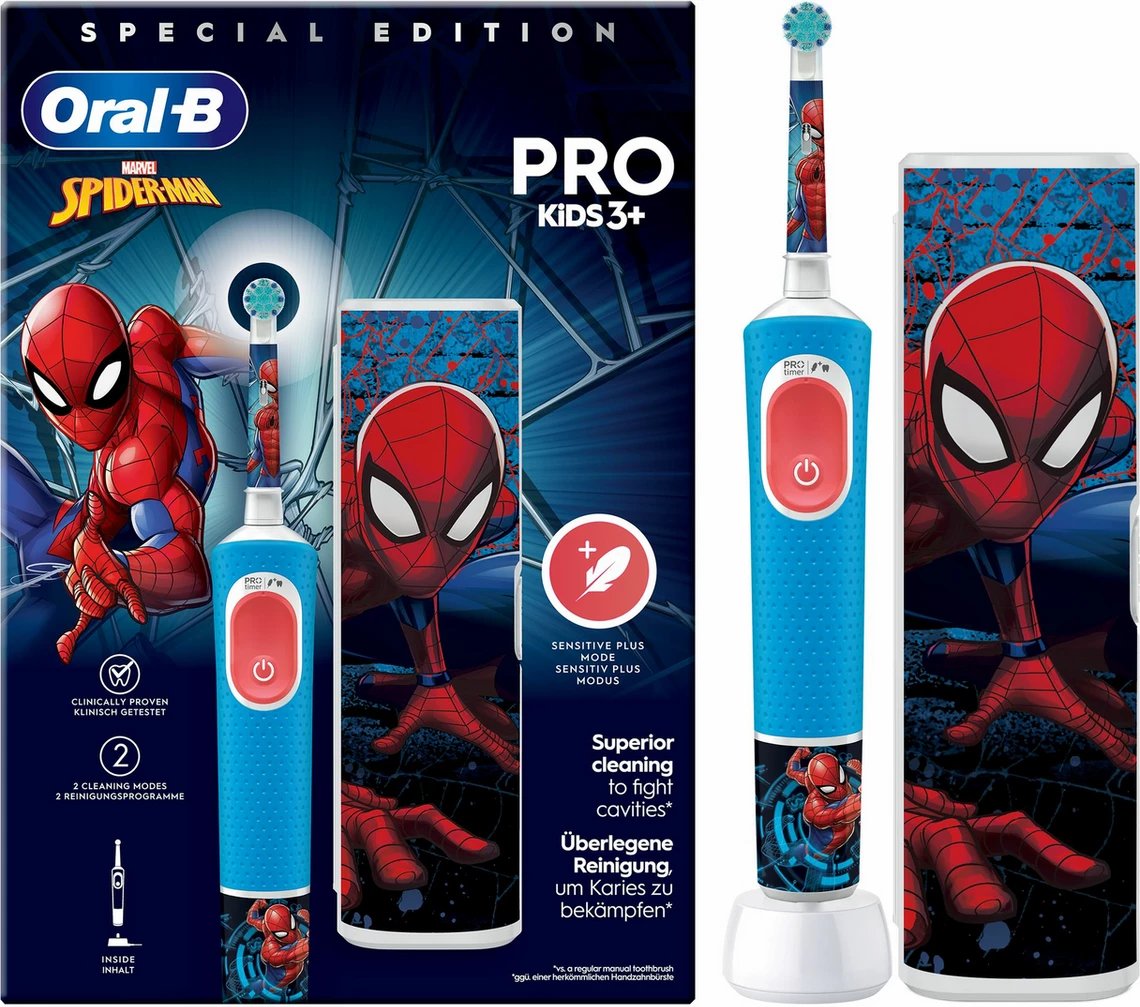 Furçë dhëmbësh elektrike, Oral-B Pro Kids Spider-Man 773390, për fëmijë 3+, 2 modalitete pastrimi, blu