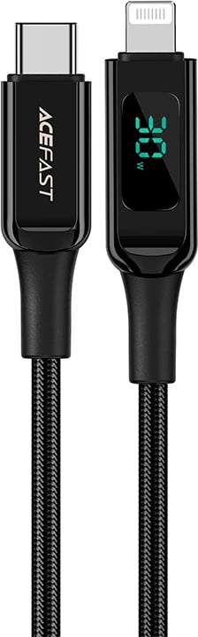 Kabllo Acefast C6-01 USB Type C në Lightning, 1.2m, 30W, me ekran, e zezë