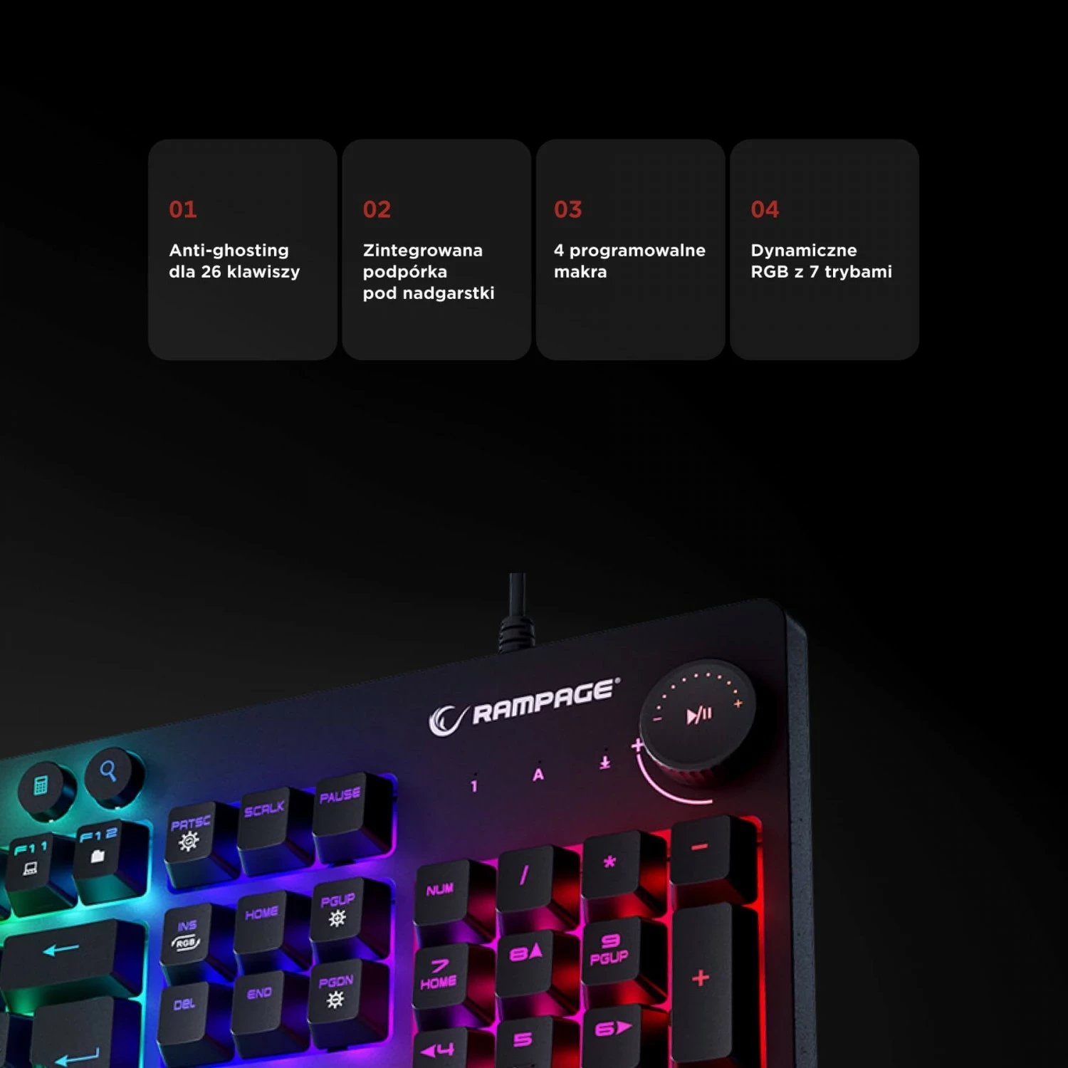 Tastierë gaming Rampage Simula RGB, full-size, me mbështetëse, e zezë