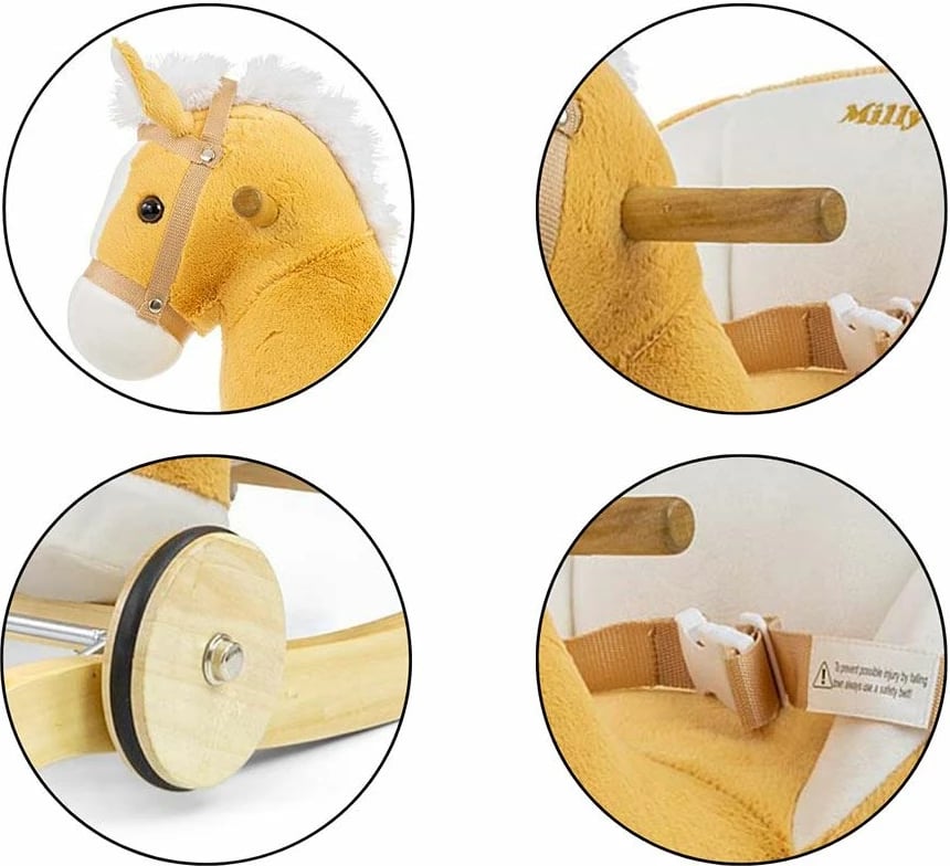 Kalë luhatës, Milly Mally, Polly, me melodi dhe rrota, karrige me rrip sigurie, deri 30 kg, 12–36 muaj, kafe e çelët