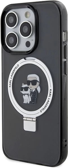 Mbështjellës Karl Lagerfeld KLHMP15LHMRSKCK për iPhone 15 Pro 6.1", me unazë Ring Stand Karl&Choupette, MagSafe, zi