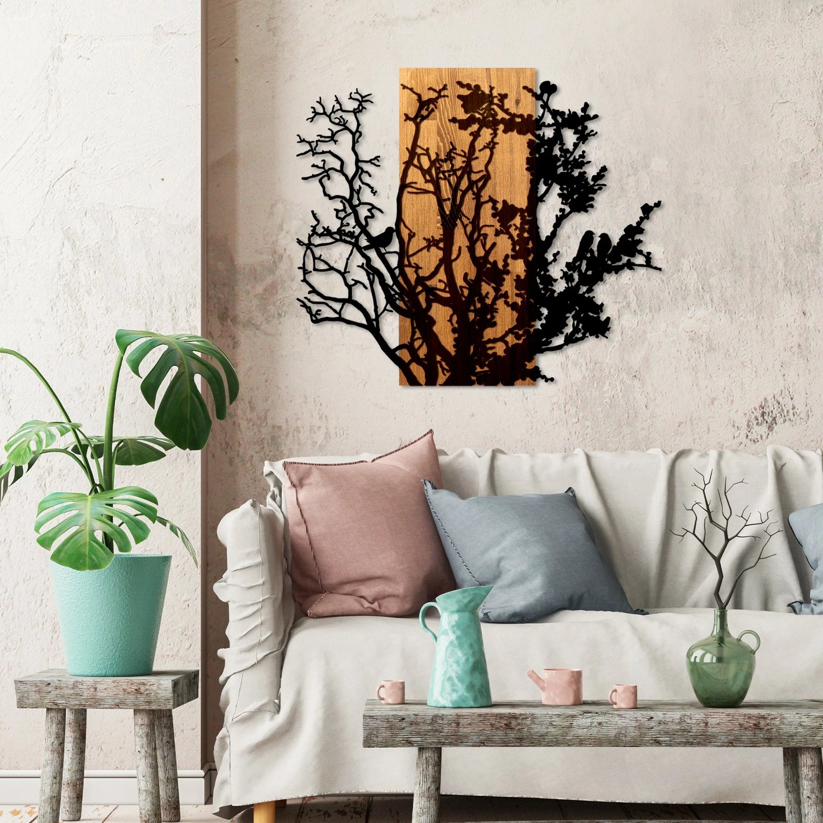 Aksesor dekorativ muri prej druri, Wallity, motiv bari të thatë, ngjyrë arre/zezë, 68x58cm