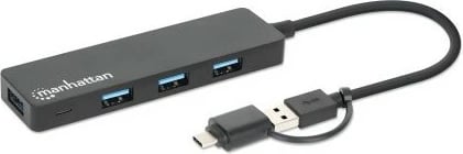 USB hub MANHATTAN 4-portë, Typ-C/Typ-A, USB 3.0, zi