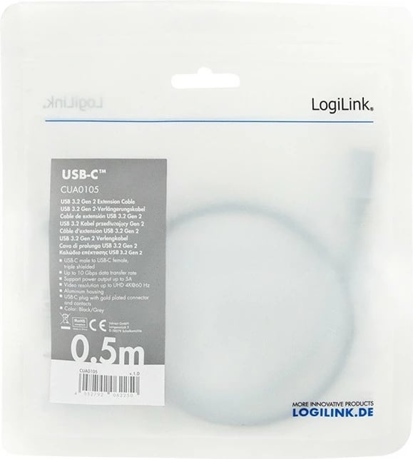 Kabllo USB-C LogiLink CUA0105, 0.5m, 4K/60Hz, Zezë/Gri