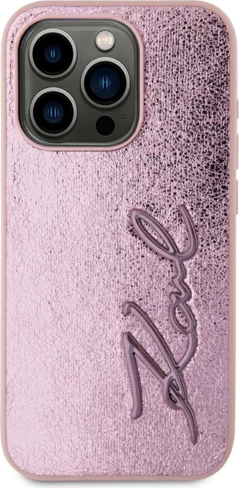 Mbështjellës Karl Lagerfeld Wrinkled Metal Signature për iPhone 15 Pro Max, Rozë