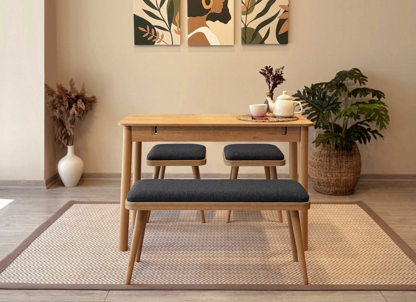 Set tavoline me karrige për ngrënie, zgjatues, 4 pjesë, Skye Decor, Vina Mini 04 1053, ngjyrë lis, antracit