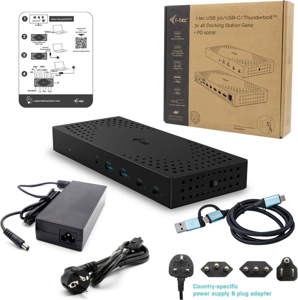 Stacion dokimi i-tec CATRIPLE4KDOCKPD2, 3x 4K, USB 3.0/USB-C/Thunderbolt, 100W, i zi Stacion dokimi i-tec CATRIPLE4KDOCKPD2, 3x 4K, USB 3.0/USB-C/Thunderbolt, 100W, i zi