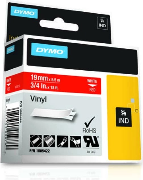 shirit etiketuese vinil Dymo Rhino Coloured Vinyl 1805422, rezistent për ambiente të brendshme/jashtme, e bardhë në të kuqe