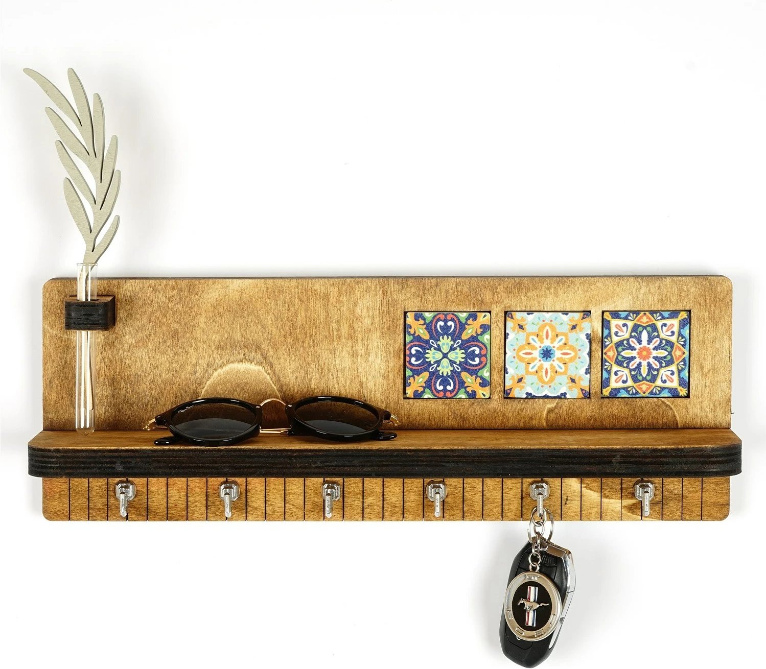 Mbajtës çelësash prej druri për mur, Wallity LAZ166, ngjyrë arre, 40x14x8cm