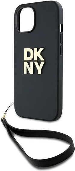 Mbështjellës DKNY Wrist Strap Stock Logo për iPhone 15 Plus, i zi