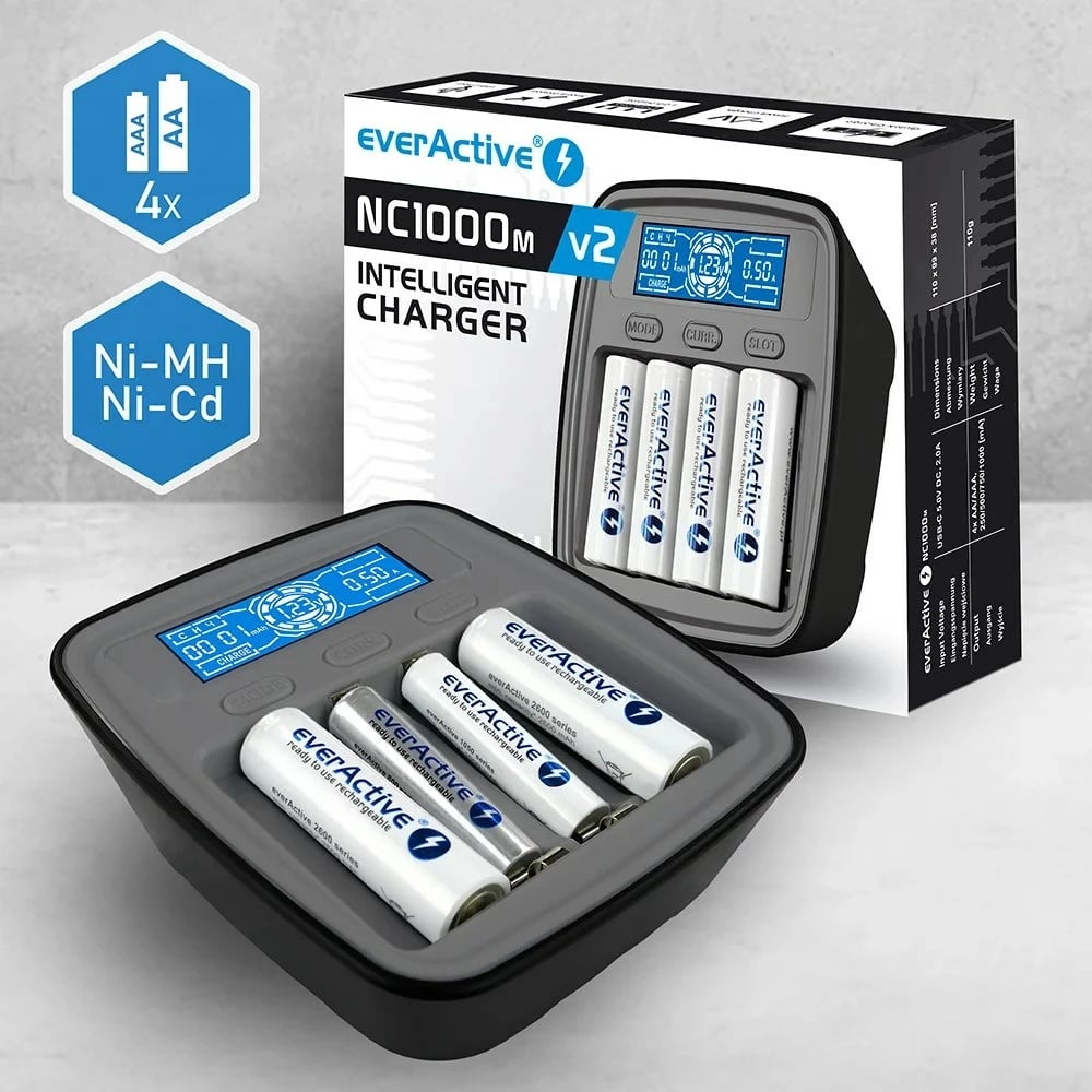 Karikues baterish everActive NC1000MV2, USB-C, për AAA, i zi