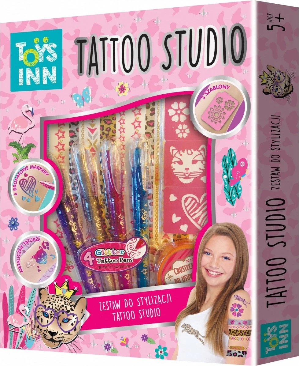 Set tatuazhe për fëmijë Stnux Tattoo Studio STN5973, 4 markera me brokat, blu/rozë/argjend/vjollcë
