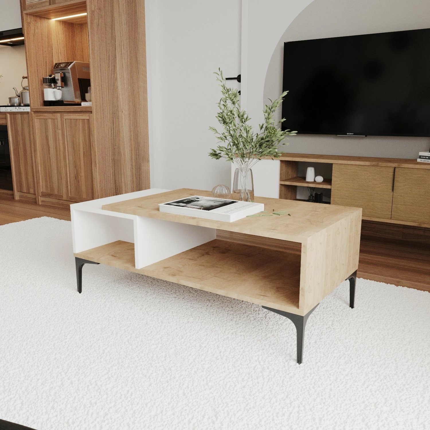 Tavolinë kafeje Skye Decor, bardhë dhe lis, Tarz