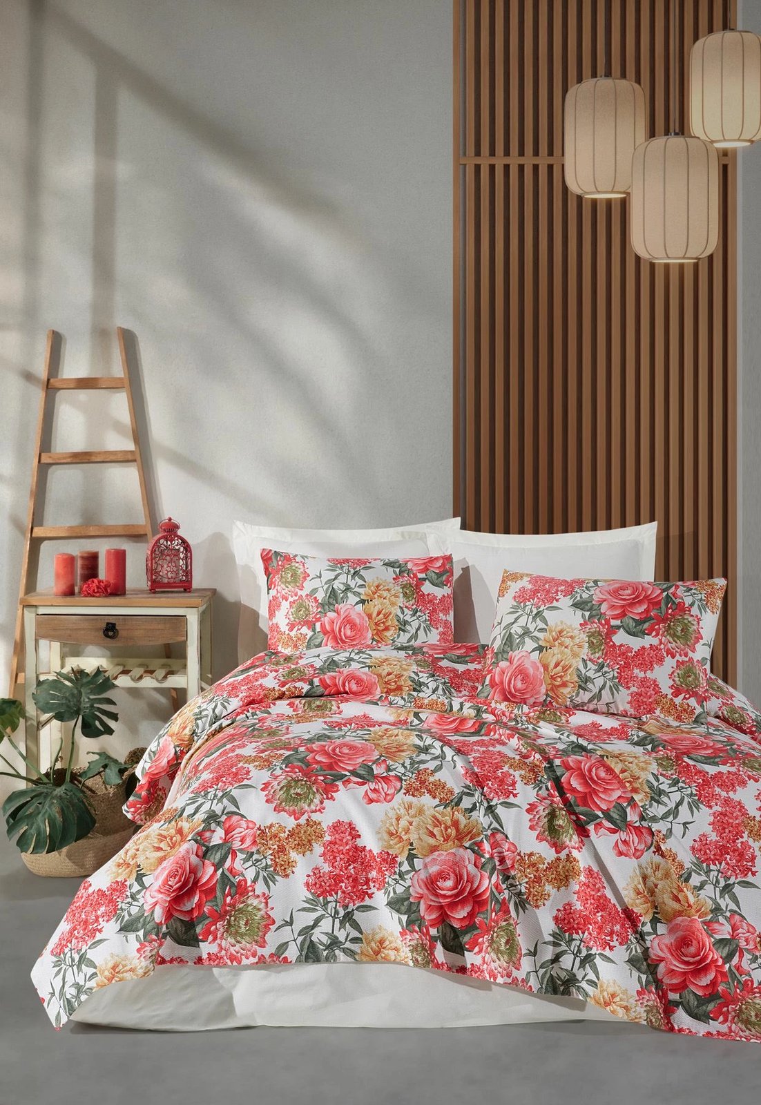 Set mbulesë dhe jastëkësh për krevat dopio, L'essentiel, Lotus, ngjyrë e kuqe