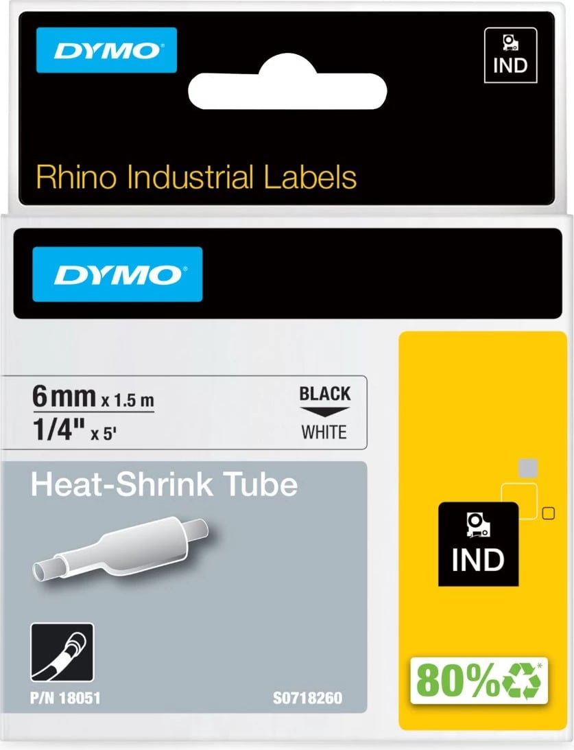 Tub termokontraktues etiketues, Dymo, 18051, 6mm x 1.5m, Black on White