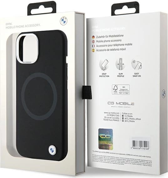 Mbështjellës BMW Signature Liquid Silicone MagSafe për iPhone 15, i zi