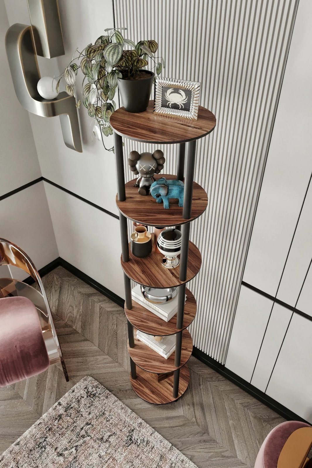 Raft librash, 6 kate, i rrumbullakët, ngjyrë arre, Skye Decor