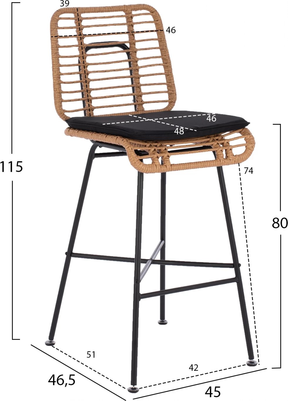 Karrige për bar metalike EDDIE me jastëk FH5708 me wicker bezhë 45x46.5x115 cm