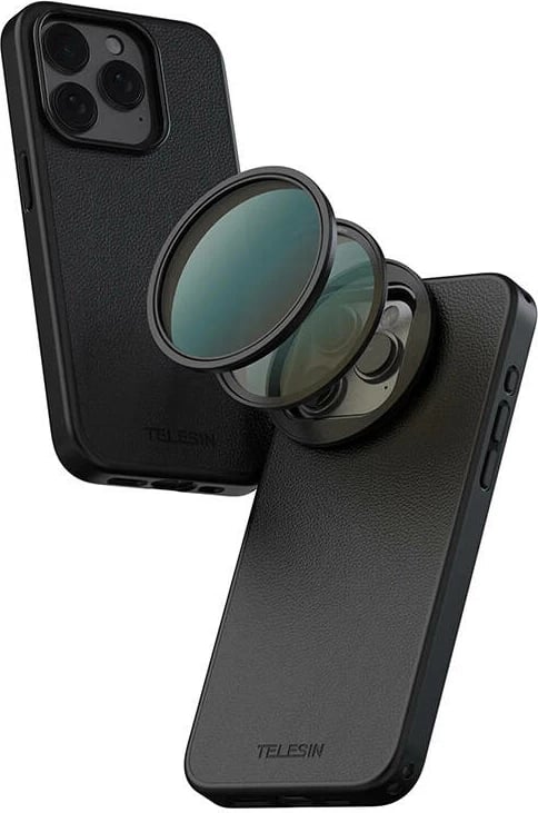 Mbështjellës Telesin për iPhone 15 Pro me kornizë magnetike për filtra, i zi