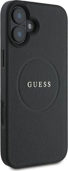Mbështjellës Guess Grained Gold Ring MagSafe për iPhone 16 Plus, i zi