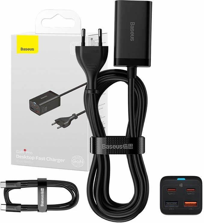 Karikues i shpejtë Baseus GaN3 Pro, 65W, 2x USB-C, 2x USB-A, i zi, me kabllo 1.5m