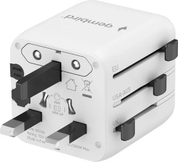 Adapter udhëtimi universal, Gembird, TPA-INT-01-W, priza US/UK/EU/AU, siguresë 10 A, e bardhë