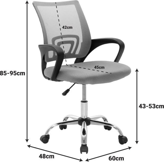 Karrige zyre Berto II, mbështetëse rrjete, ngjyrë kaltër-e zezë, bazë kromi, 60x48x85-95cm