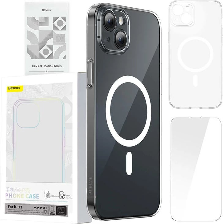 Mbështjellës Baseus Magnetic Crystal Clear për iPhone 13, transparent, me xham të temperuar dhe set pastrimi