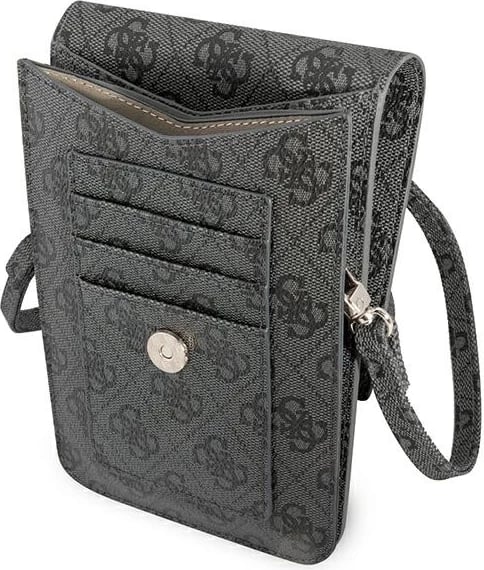 çantë smartphone/portofol Guess GUWBP4TMGR 4G Triangle, lëkurë artificiale, 17.5×11.5 cm, me rrip të heqshëm, e zezë