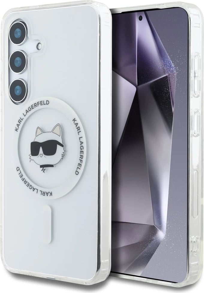 Mbështjellës Karl Lagerfeld Button Choupette Head Printed Logo MagSafe për Samsung Galaxy S25, Bardhë
