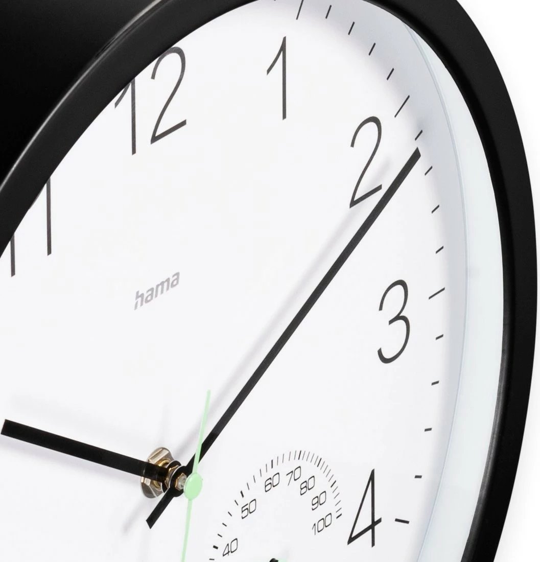 Orë muri, Hama, 185885, 30 cm analog me higrometër dhe termometër, e zezë