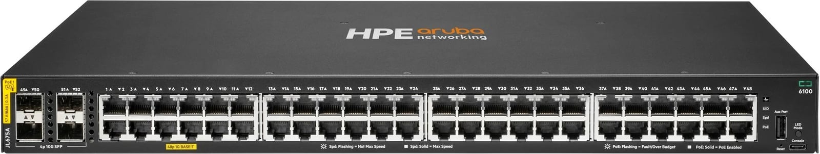 Switch HPE Aruba 6100, 48 porte Gigabit, 4 SFP+, PoE+ 370W, i zi