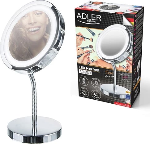 Pasqyrë kozmetike, Adler, AD 2159, LED, zmadhim 3x, diametër 15 cm, me bateri 4x AAA, krom