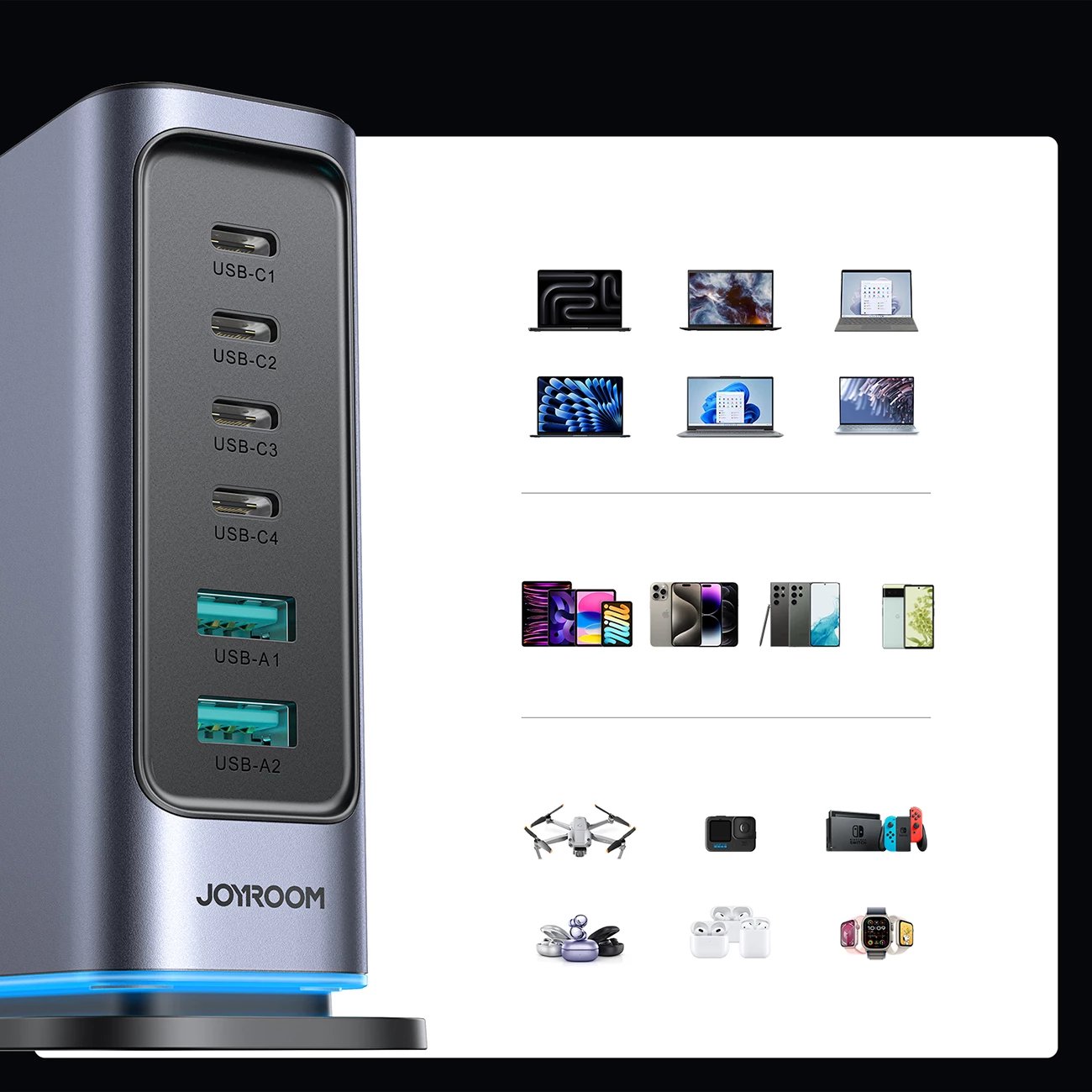Karikues muri Joyroom JR-TCM02, 65W, 4x USB-C, 2x USB-A, GaN, Gri e errët