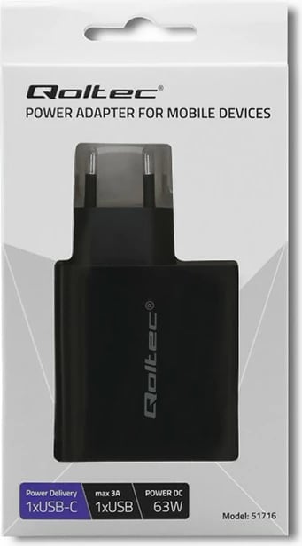 Karikues rrjeti Qoltec 51716, 63W, USB Type-C PD & USB QC 3.0, i zi