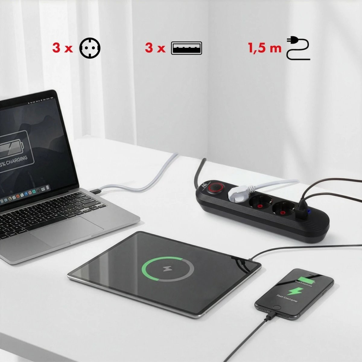 Zgjatues elektrik, Maclean MCE394 B, 3x Schuko + 3x USB, kabllo 1.5 m, 2500W 2.1A, 110-240V, i zi