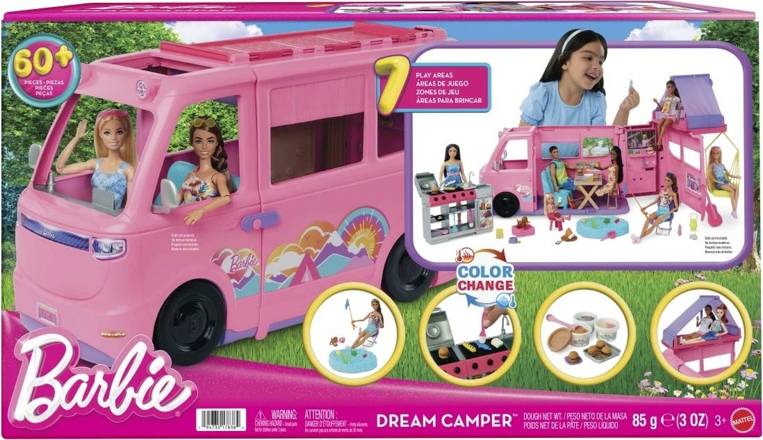 Set lodrash Barbie Dream Camper Mattel HRJ78, me 60+ aksesorë, rozë