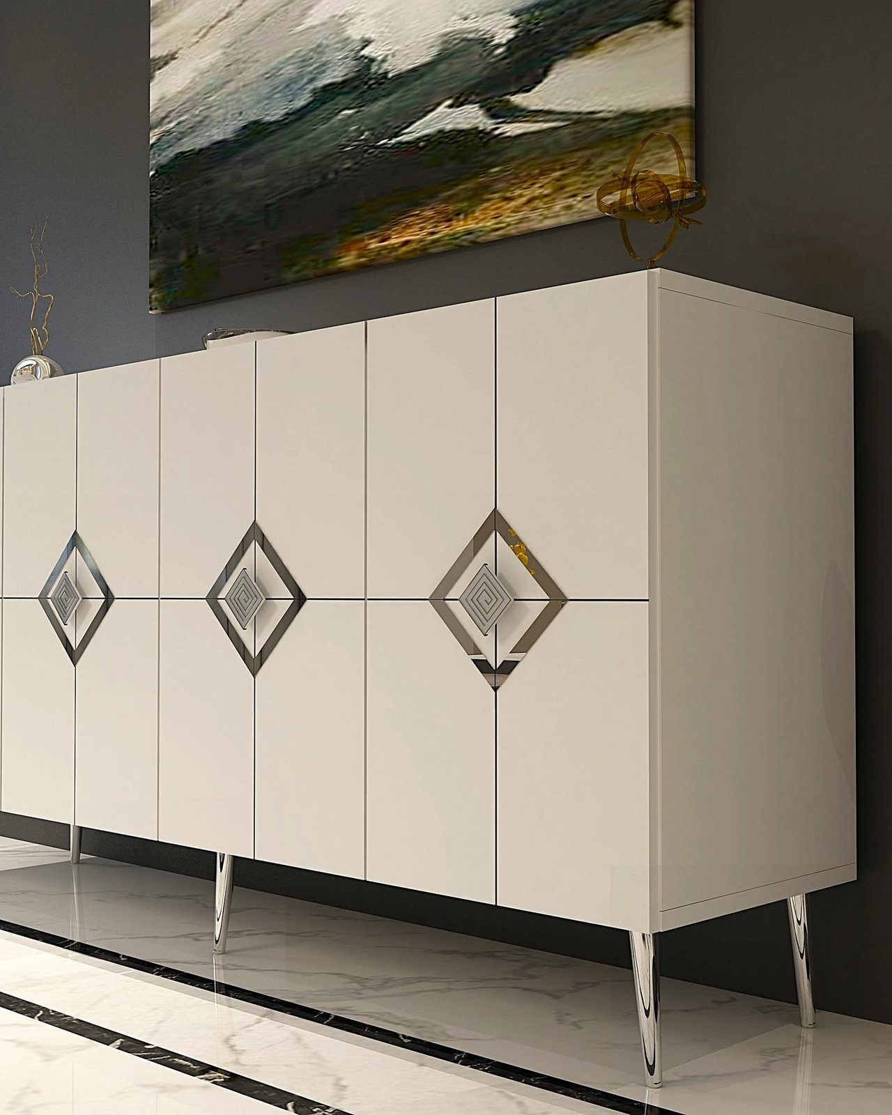 Konsolë moderne, ngjyrë e bardhë dhe argjend, Skye Decor, KB150