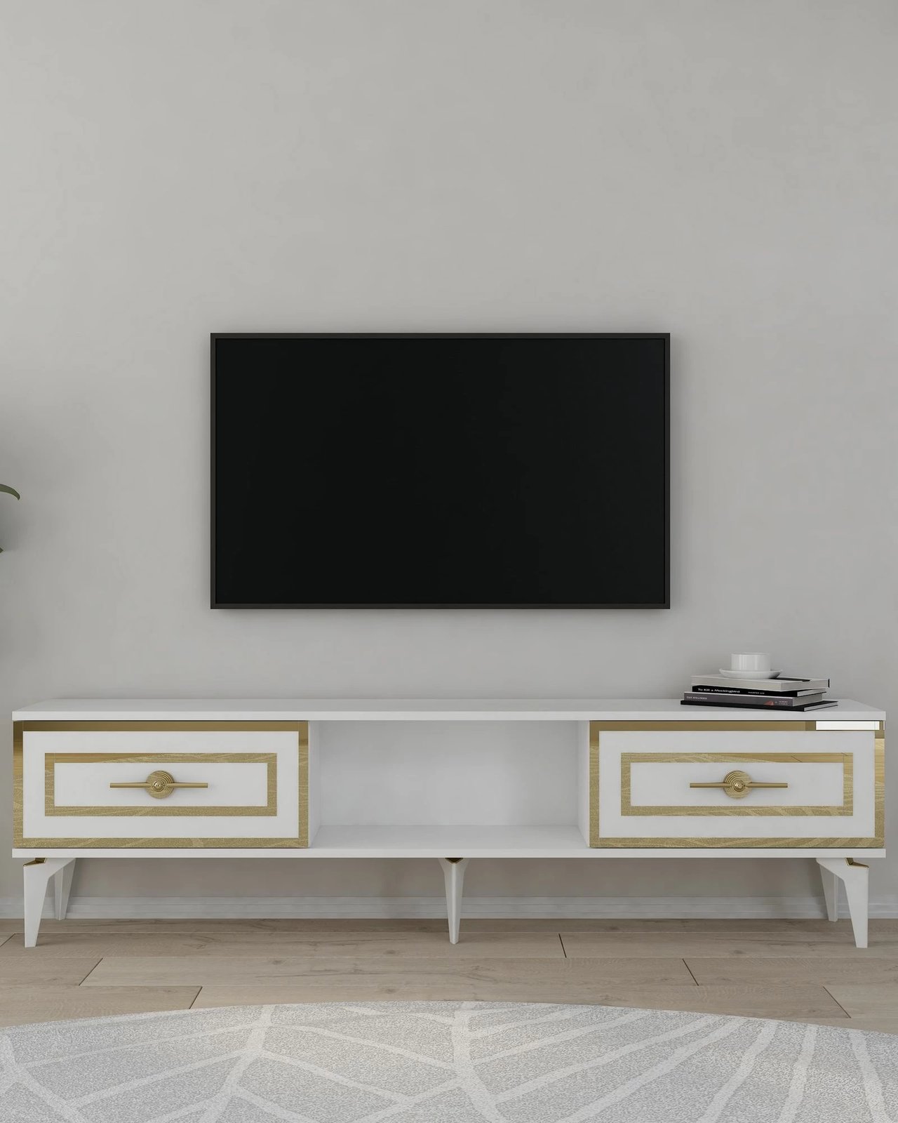 Komodë TV Skye Decor, e bardhë, e artë