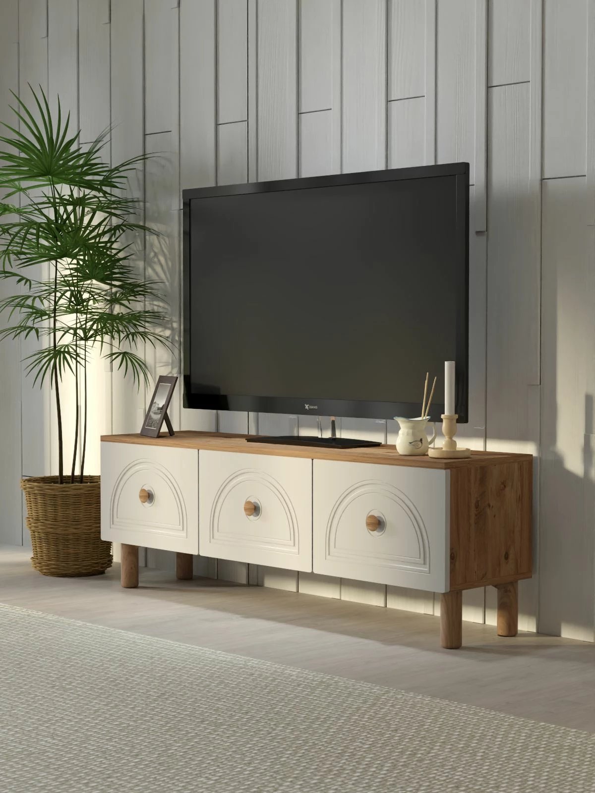 Komodë TV Skye Decor, Mavora 135, ngjyrë pishë Atlantike dhe e bardhë