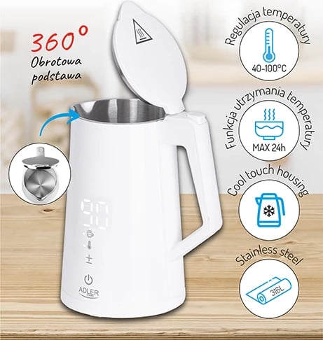 Çajnik elektrik, Adler AD 1345, rregullim temperature, ekran LED, 1.7 L, STRIX, i bardhë